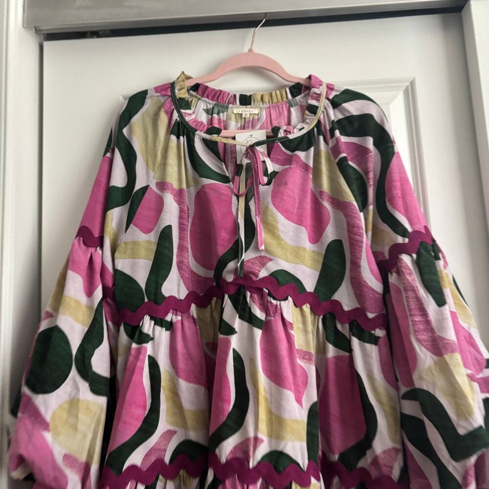 Pink Abstract Print Ruffle-Tier Mini Dress - Picture 3 of 13